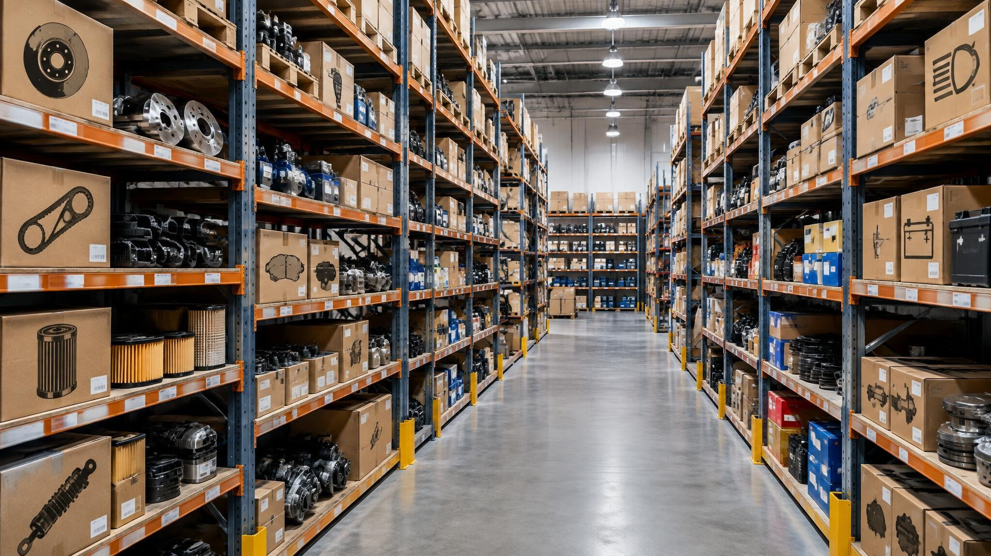 Warehouse shelves stocked with boxed spare parts