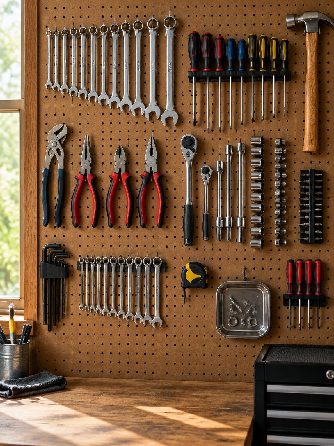 Organised set of mechanic tools on a wall