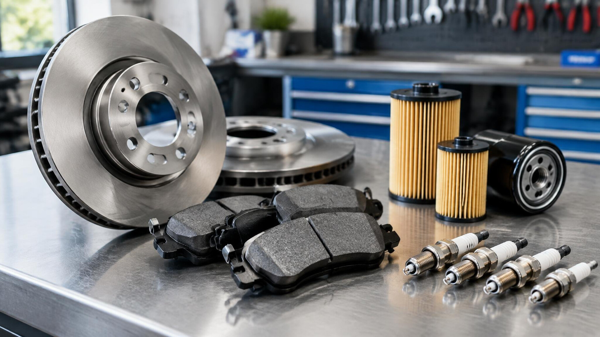 Car brake discs and spare parts laid out on a workshop bench