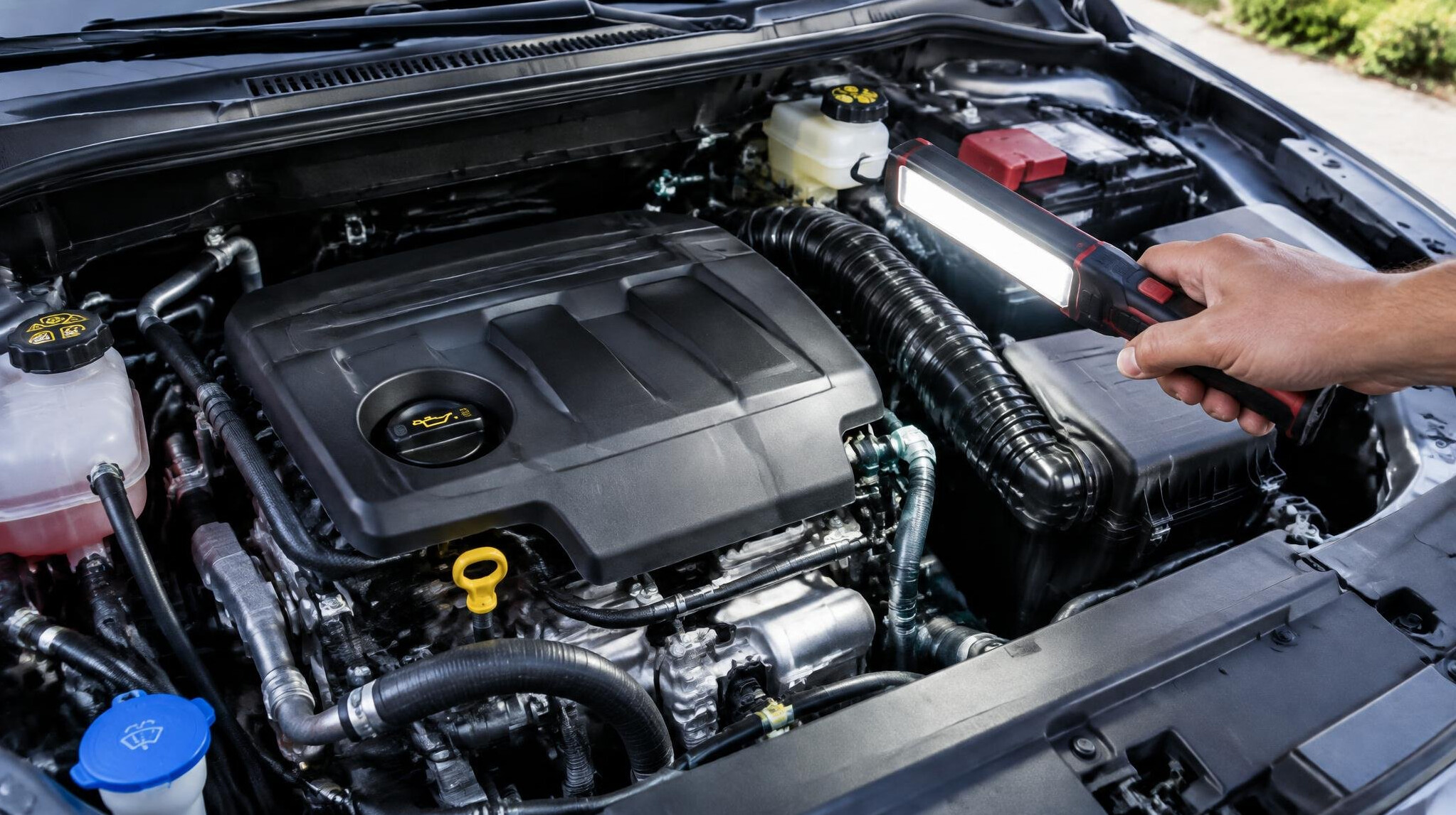 Close-up of a car engine bay being inspected