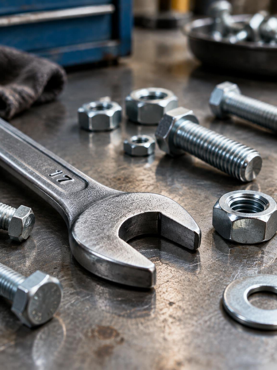 Wrench and bolts on a metal table